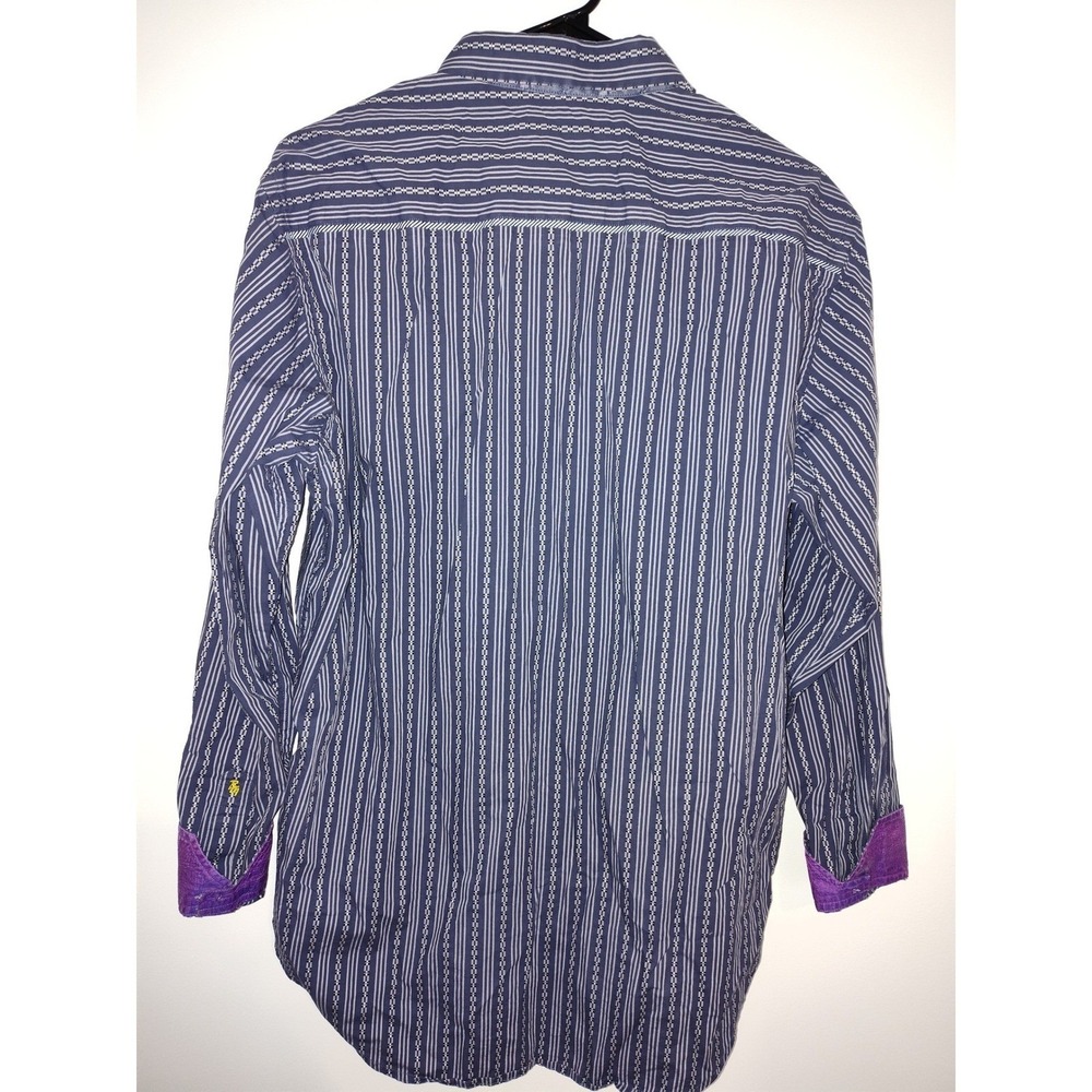 Robert Graham Mens Blue White Striped Button Down Shirt Purple Cuffs Size XL - Picture 2 of 12
